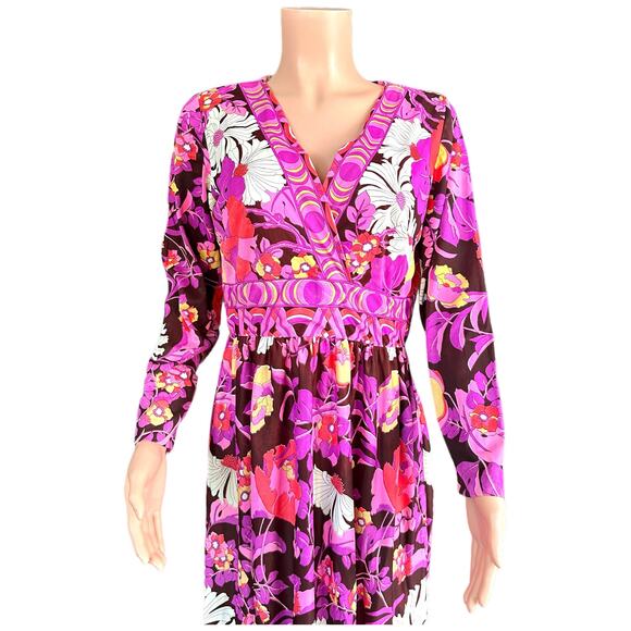 Vintage 60s 70s Psychedelic Mod Style Pink Mod Flower Maxi Dress Hostess Gown - Picture 3 of 16